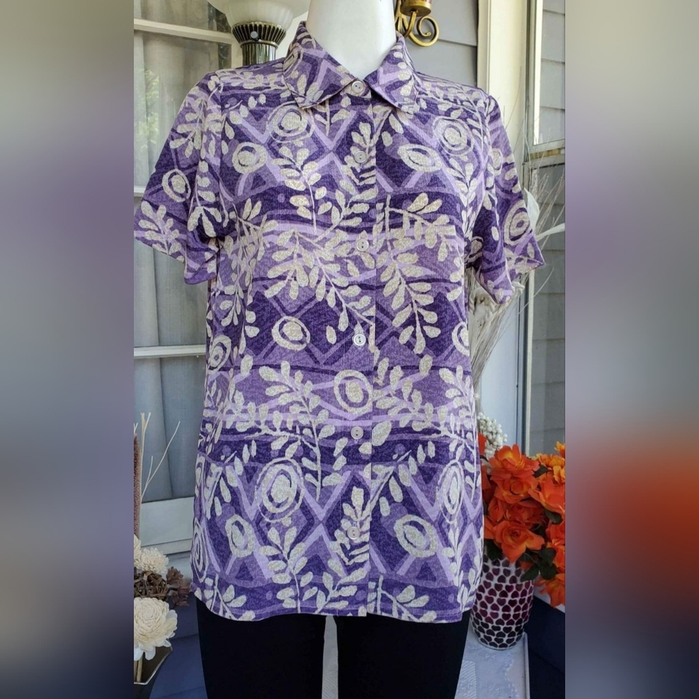 VTG Y2k Alfred Dunner Purple Leaves Print Buttons Up Shirt Top Size 14P